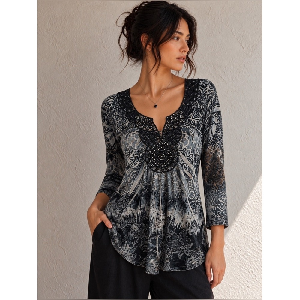 One World Womens S Velvet Paisley Tunic Top Rhinestone Whimsigoth Boho Black